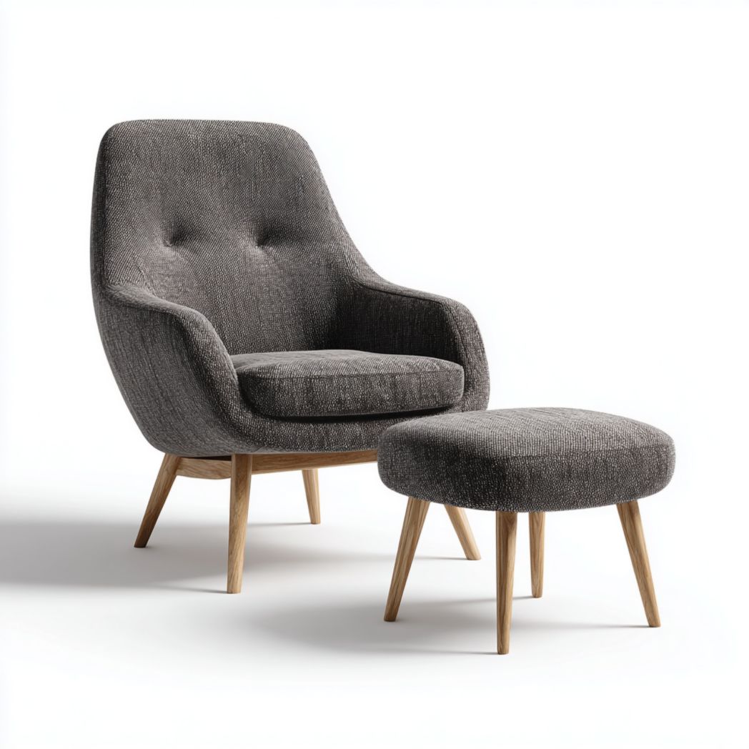 Fauteuil en tissu gris avec repose-pieds en bois-Tnfurniture