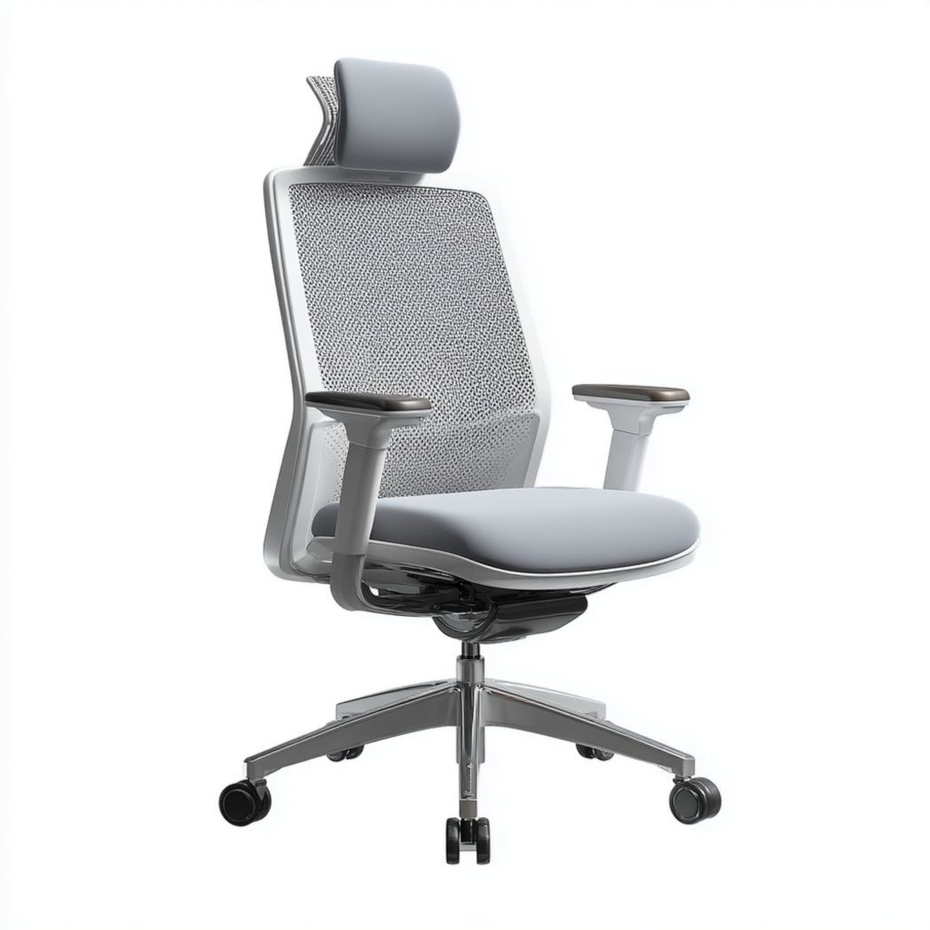 Chaise de bureau pivotante avec dossier en maille, appui-tête réglable et piètement en aluminium - Gris-Tnfurniture