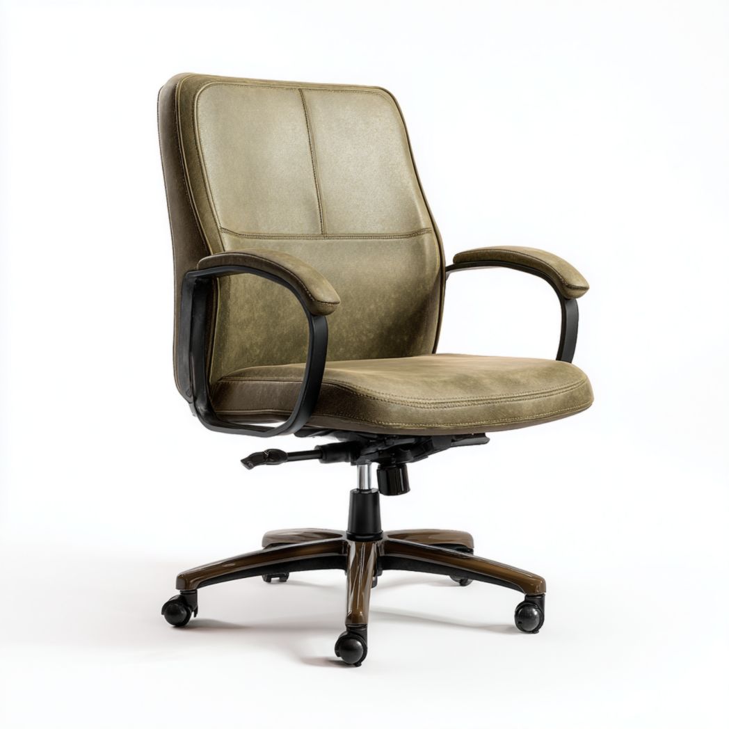 Chaise de bureau pivotante en cuir synthétique avec accoudoirs et base effet bois - Vert Olive-Tnfurniture