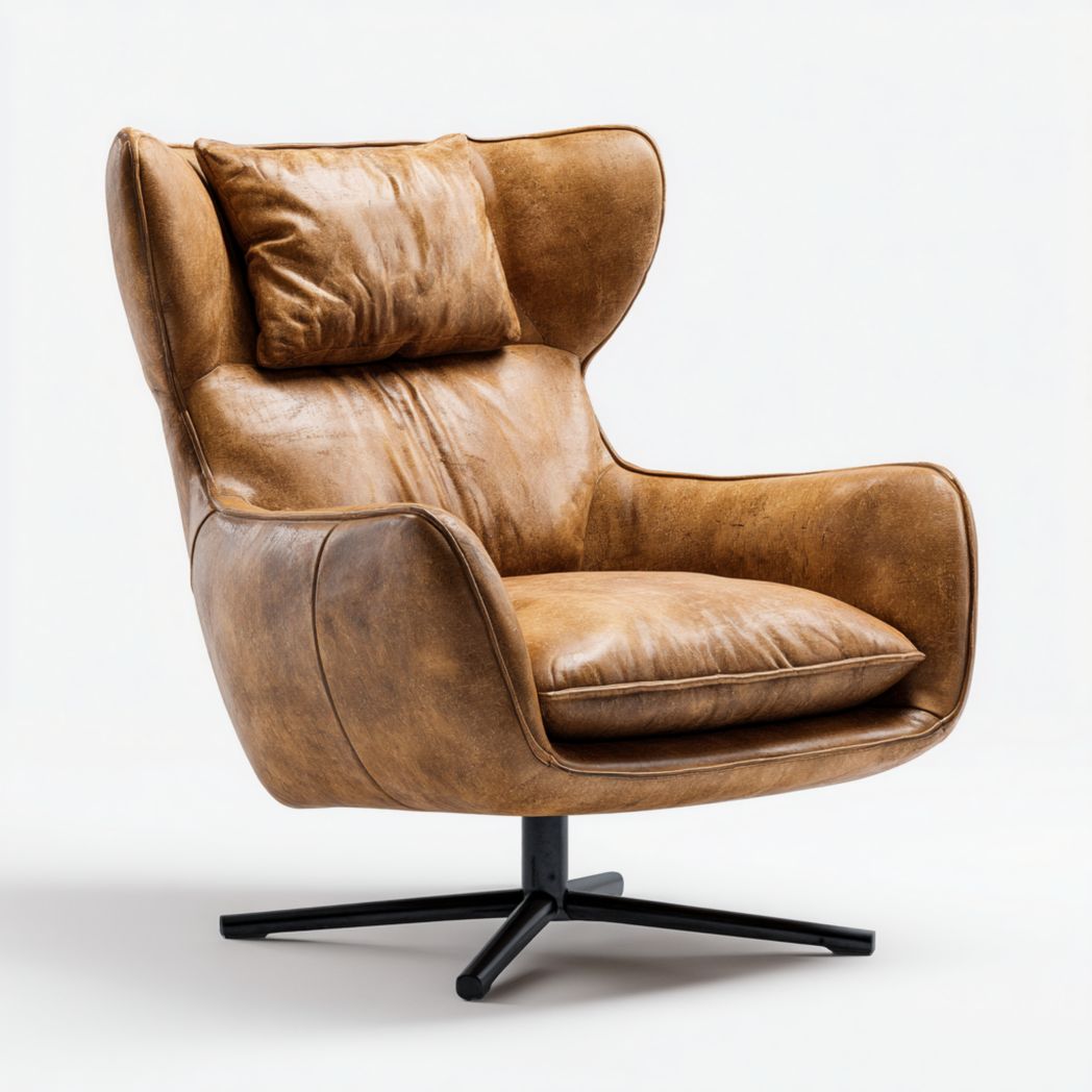 Fauteuil Pivotant en Cuir de Vachette avec Pied en Métal Noir-Tnfurniture