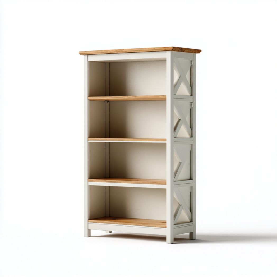 Bibliothèque bicolore avec quatre étagères ouvertes et détails en X sur les côtés-Fittedft