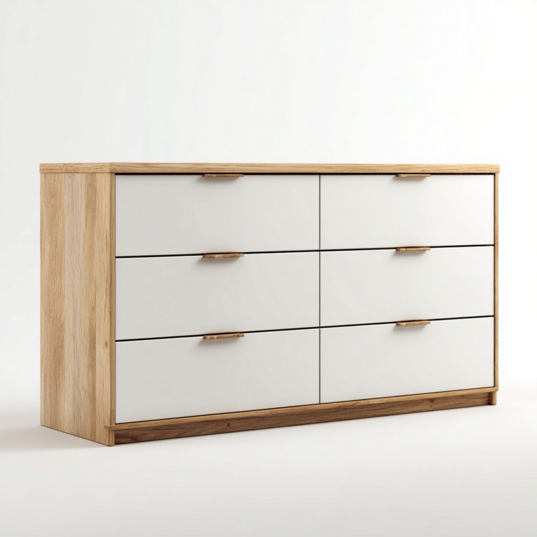 Commode bicolore avec six tiroirs et poignées en bois massif-Fittedft