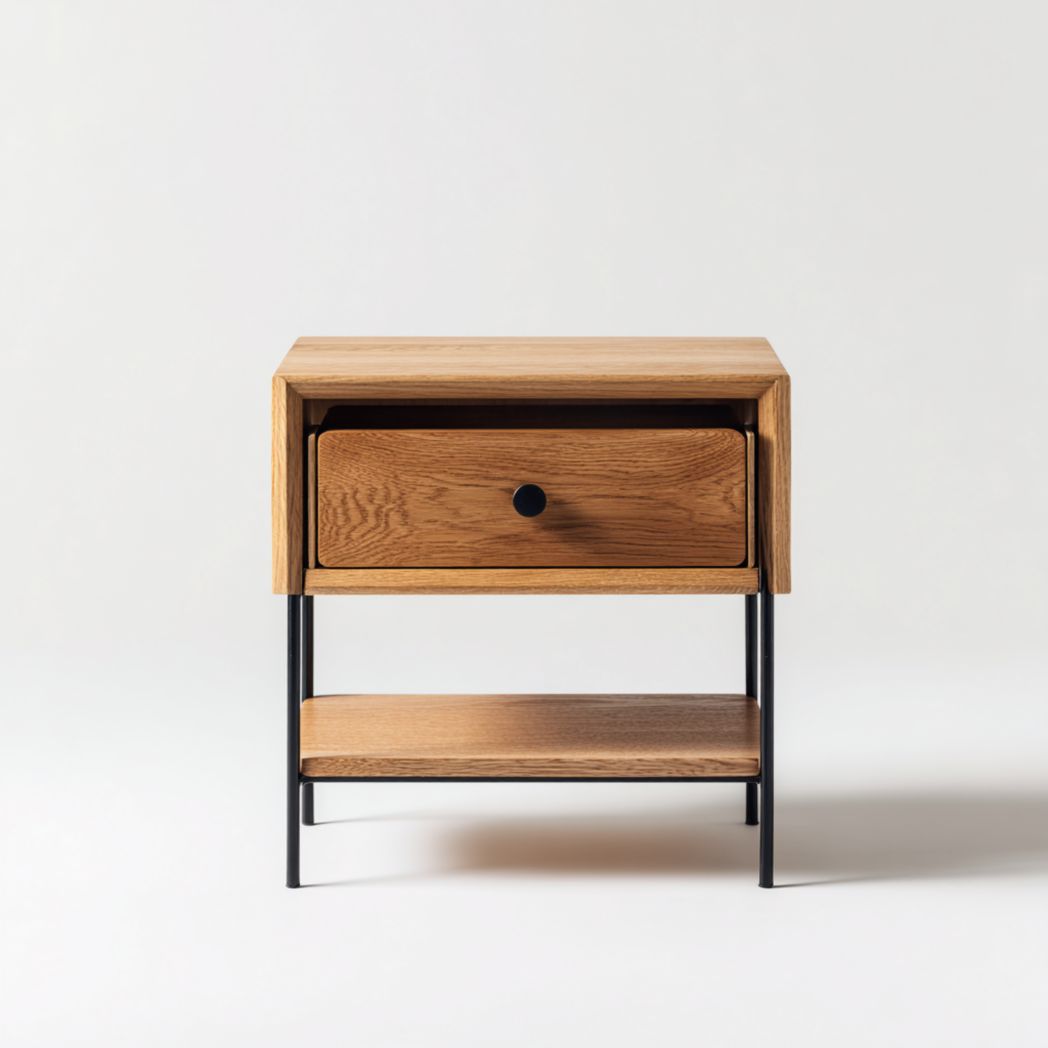 Table de chevet en chêne avec un tiroir et pieds en acier noir-Fittedft