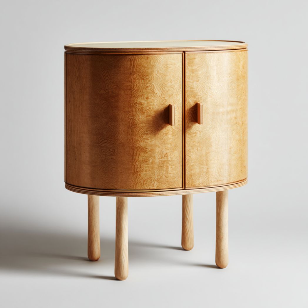 Petit meuble de rangement ovale en bois avec deux portes et pieds cylindriques-Fittedft