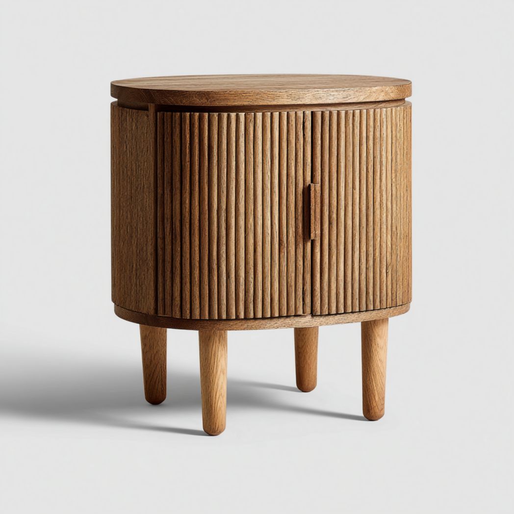 Table de chevet ronde en chêne avec deux portes à lattes-Fittedft