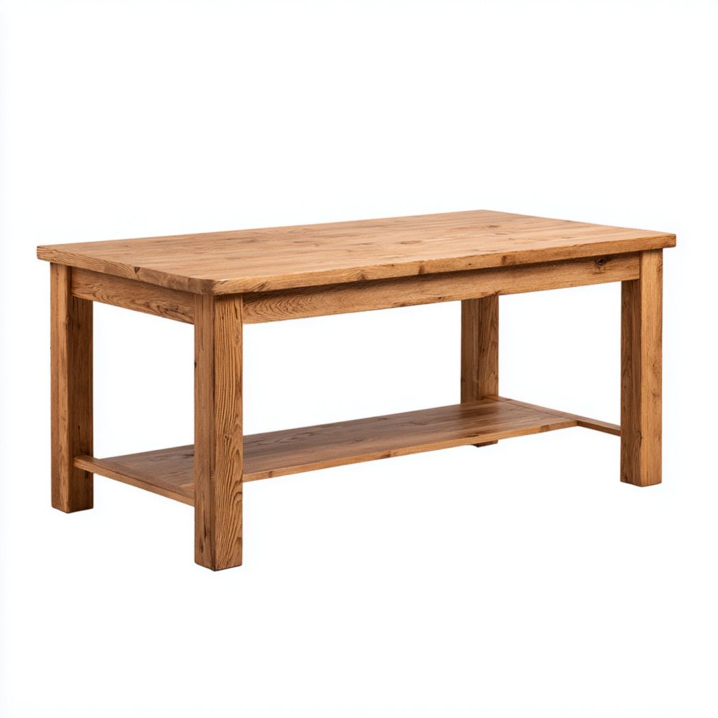 Table basse rectangulaire en pin massif avec étagère de rangement inférieure-Fittedft