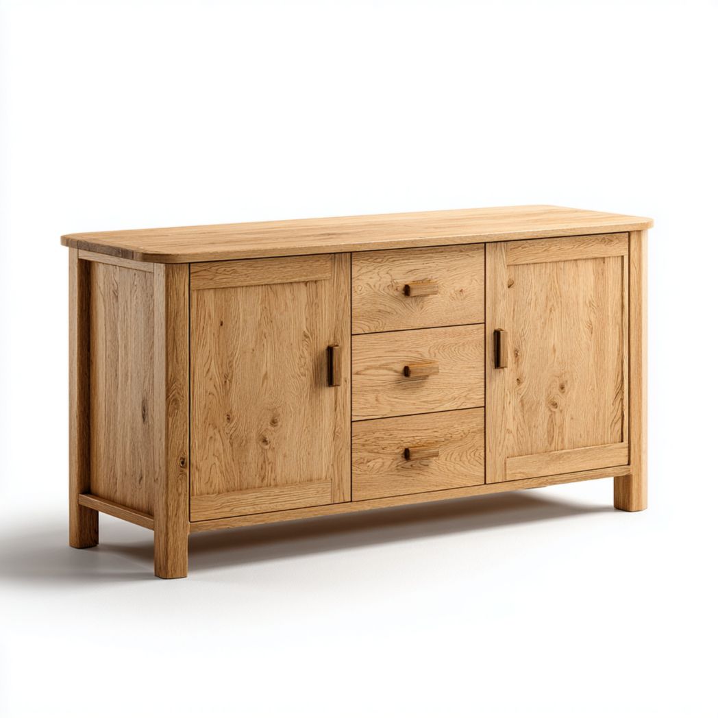 Buffet bas en chêne massif avec 3 tiroirs centraux et 2 portes latérales-Fittedft