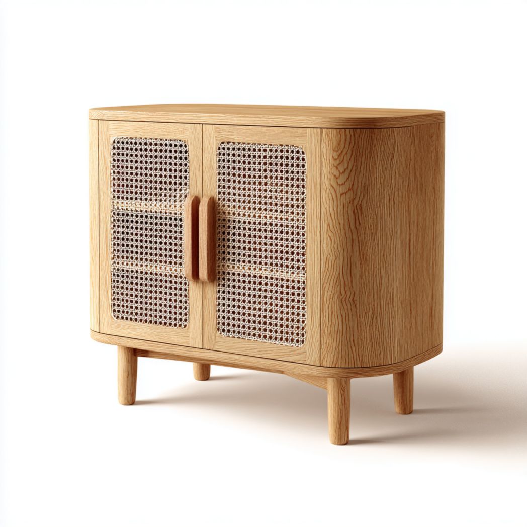 Buffet bas scandinave en chêne avec deux portes en rotin tressé-Fittedft