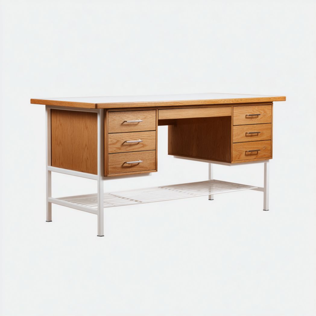 Bureau avec caisson à tiroirs en contreplaqué plaqué chêne et structure en acier-Fittedft