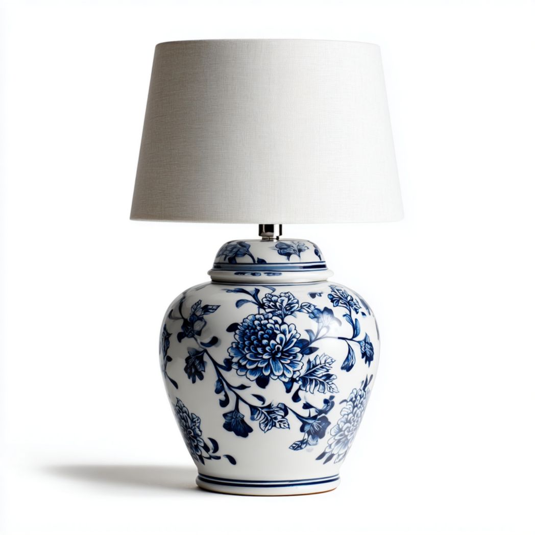 Lampe de table en céramique décorée bleu et blanc avec abat-jour en tissu-Fittedft