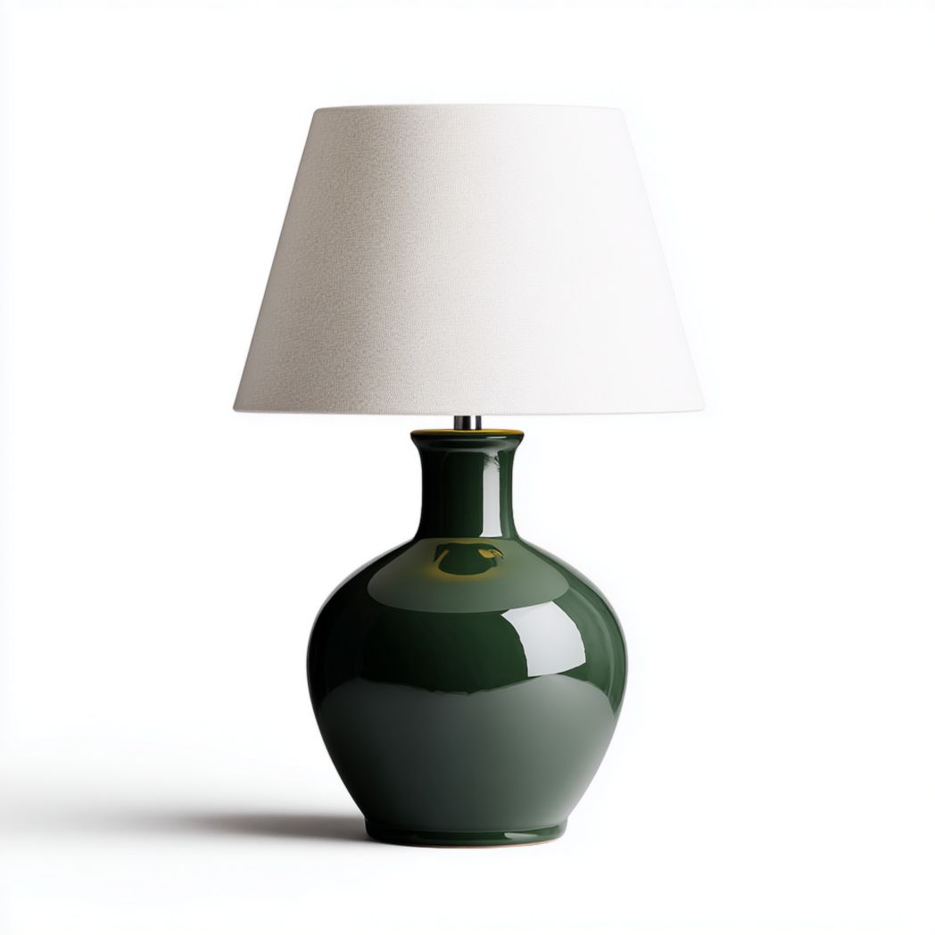 Lampe de table en céramique vert foncé avec abat-jour en tissu-Fittedft