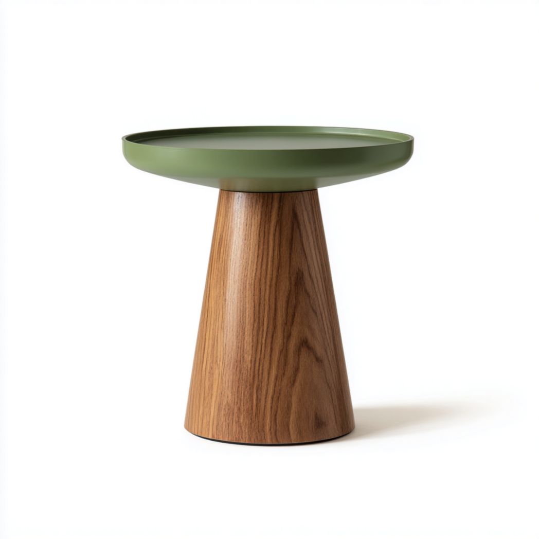 Table d'Appoint Ronde en Acier Vert et Socle Conique en Chêne-Fittedft