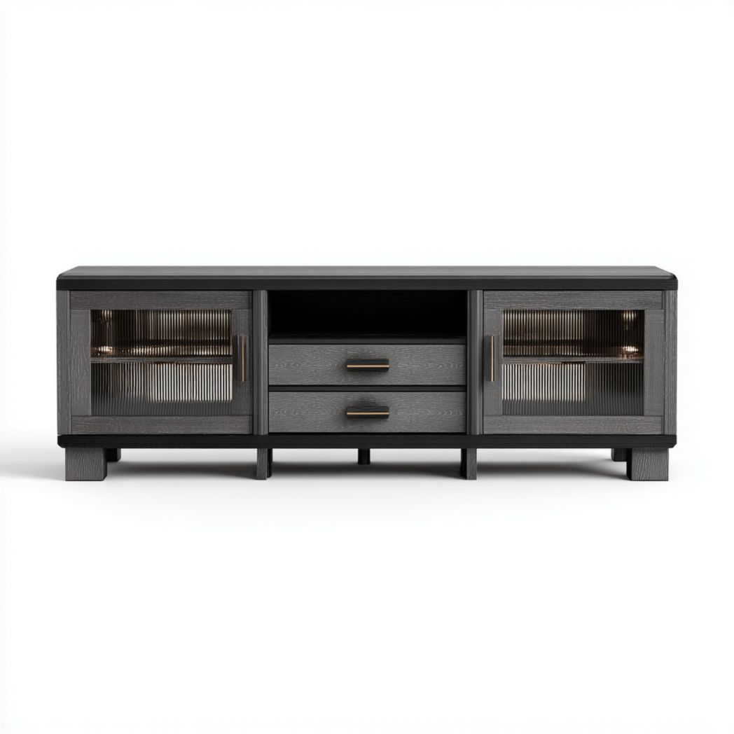 Banc TV en Chêne Noir avec Portes en Verre Strié et Tiroirs Centraux-Fittedft