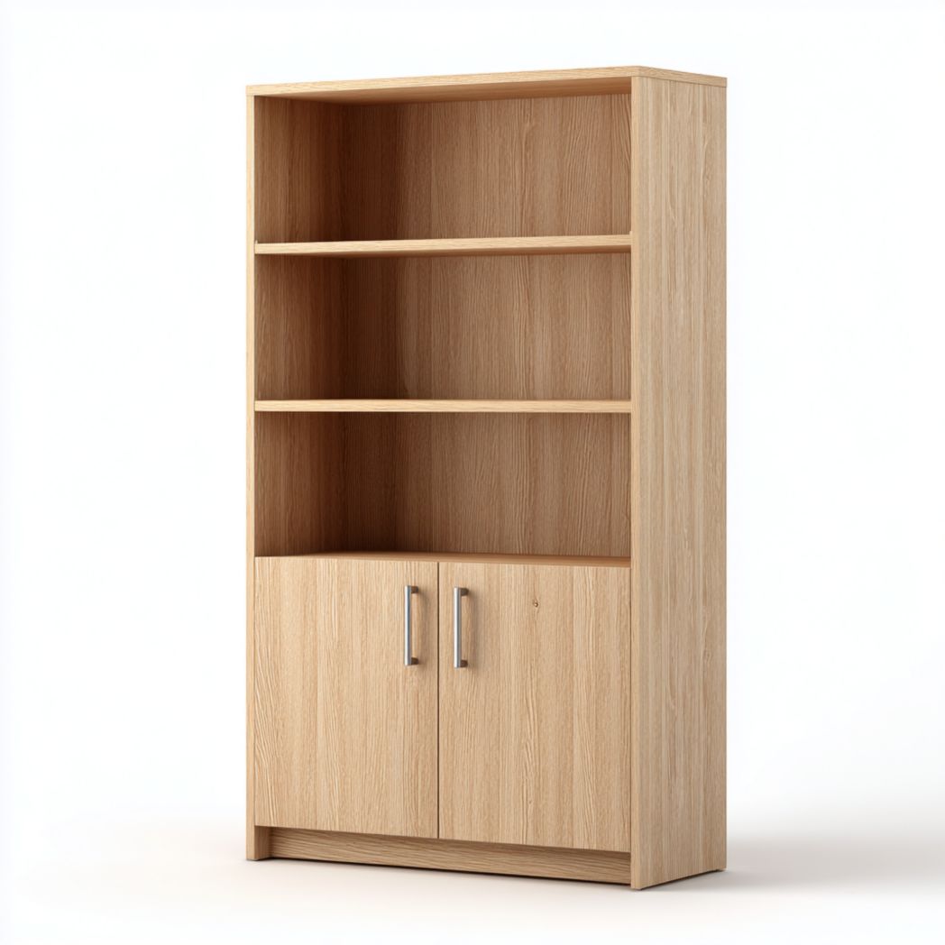 Bibliothèque en chêne avec trois étagères ouvertes et deux portes inférieures-Interiorxteriorft