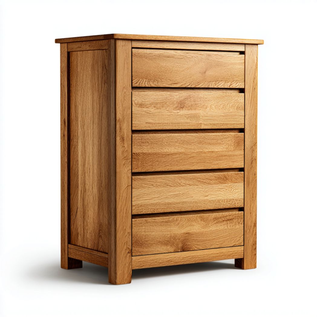 Commode en chêne massif avec cinq tiroirs et poignées intégrées-Interiorxteriorft