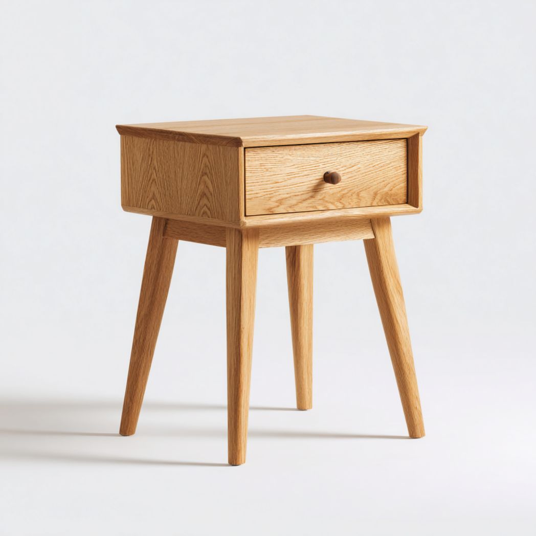 Table de chevet en chêne avec un tiroir et quatre pieds inclinés-Interiorxteriorft