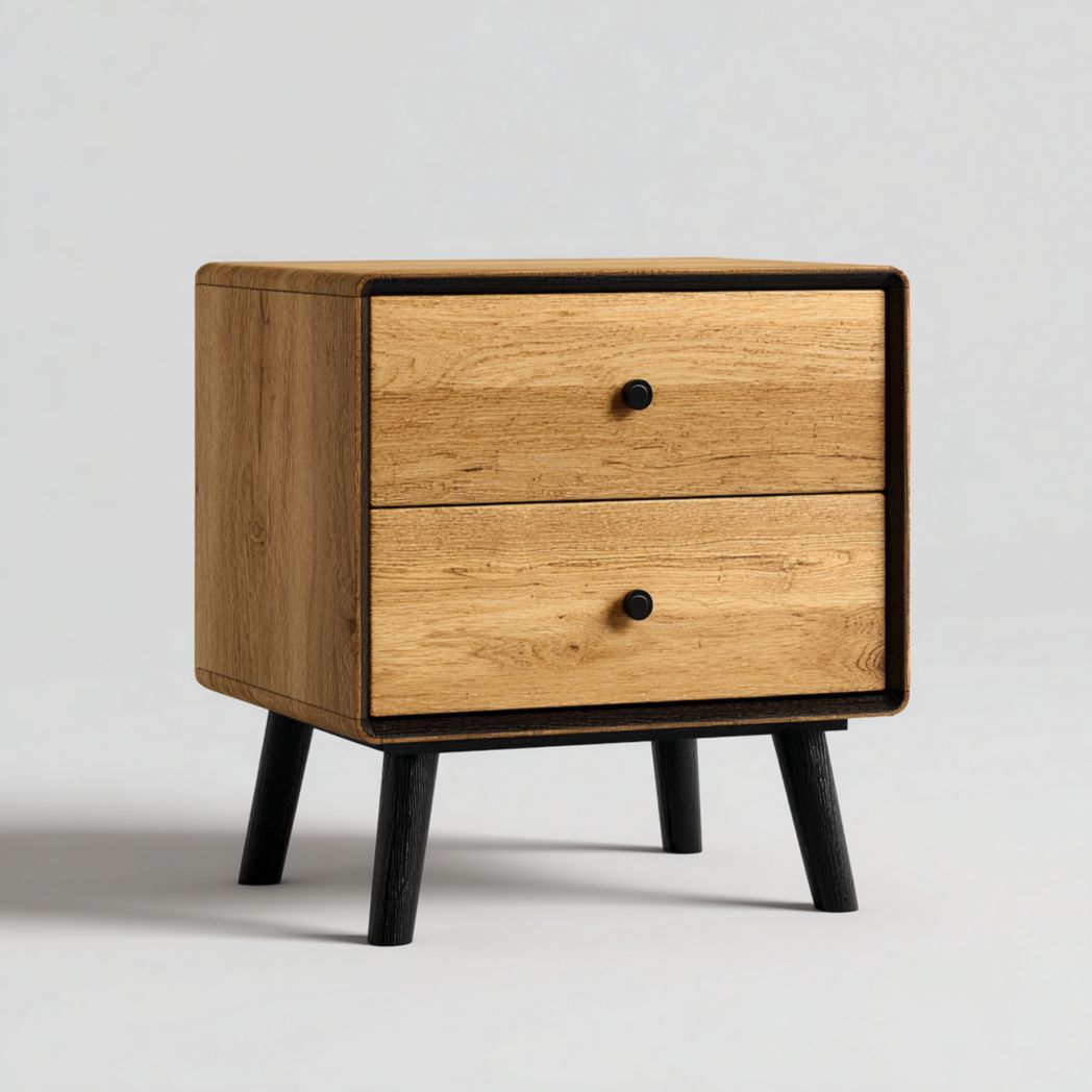 Table de chevet en chêne avec deux tiroirs et pieds en bois noir-Interiorxteriorft