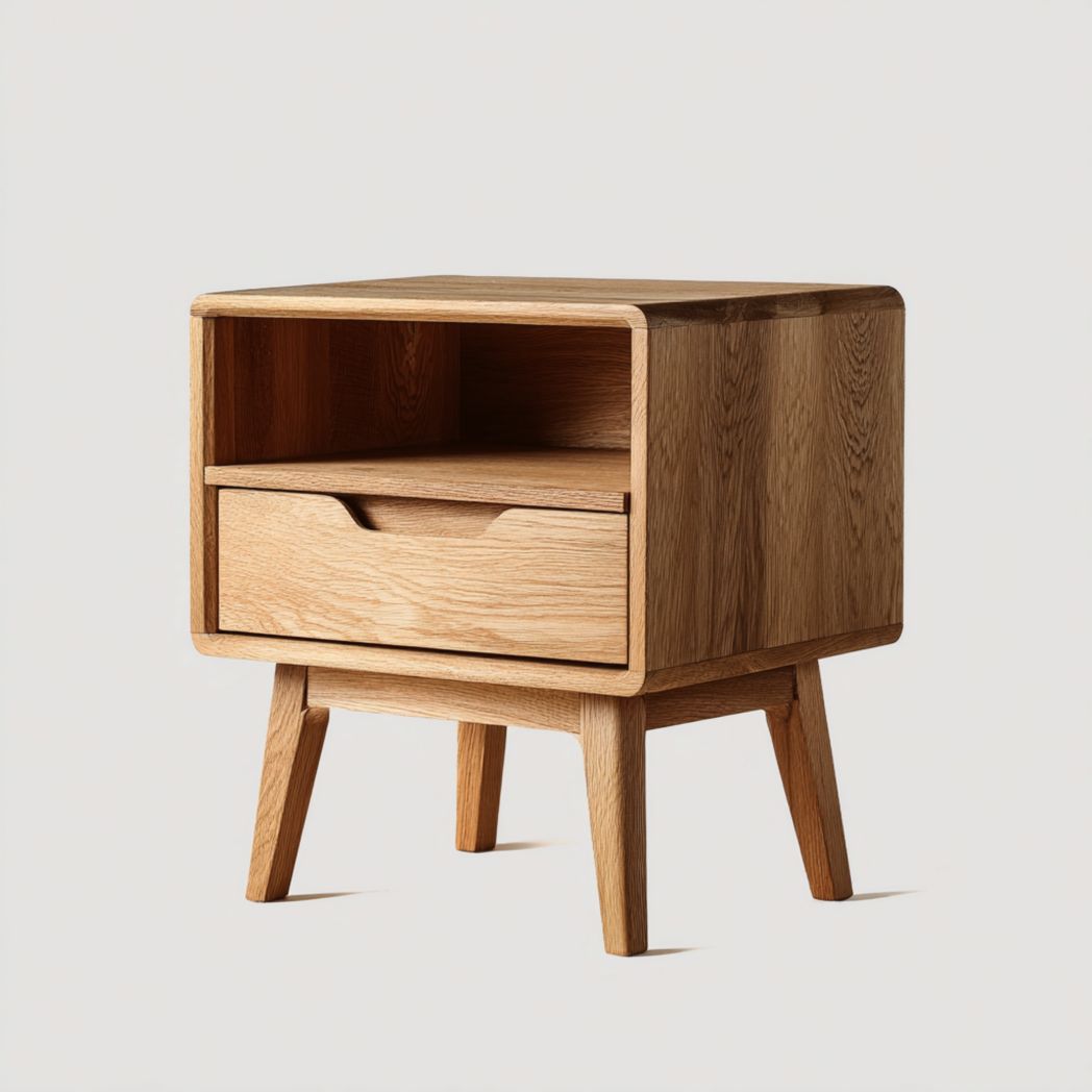 Table de chevet en chêne avec un tiroir et une niche ouverte-Interiorxteriorft