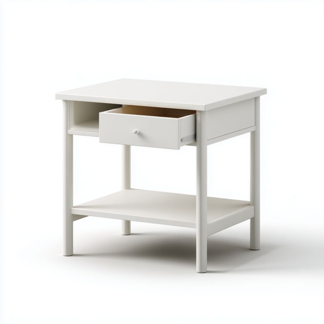 Table de chevet blanche avec un tiroir, une niche ouverte et une étagère inférieure-Interiorxteriorft