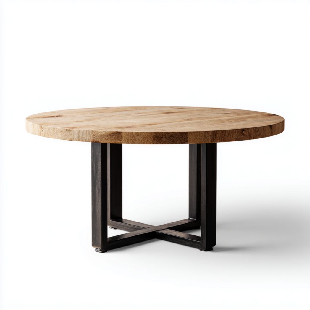 Table de repas ronde en bois de manguier avec piétement croisé en acier noir-Interiorxteriorft