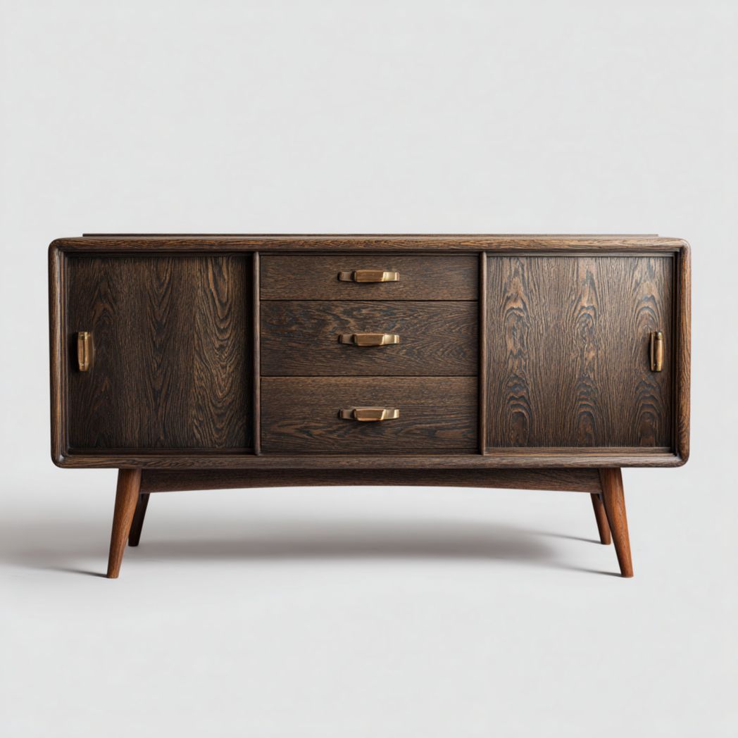 Buffet bas vintage en chêne foncé avec 3 tiroirs et 2 portes coulissantes-Interiorxteriorft