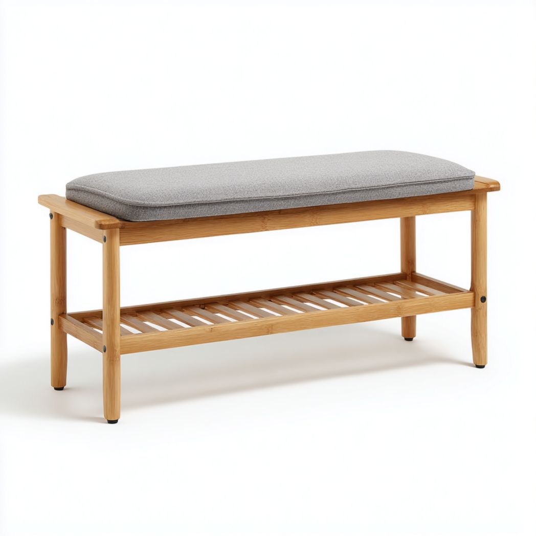 Banc à Chaussures en Bambou avec Coussin Rembourré Gris et Étagère de Rangement pour Entrée-Interiorxteriorft
