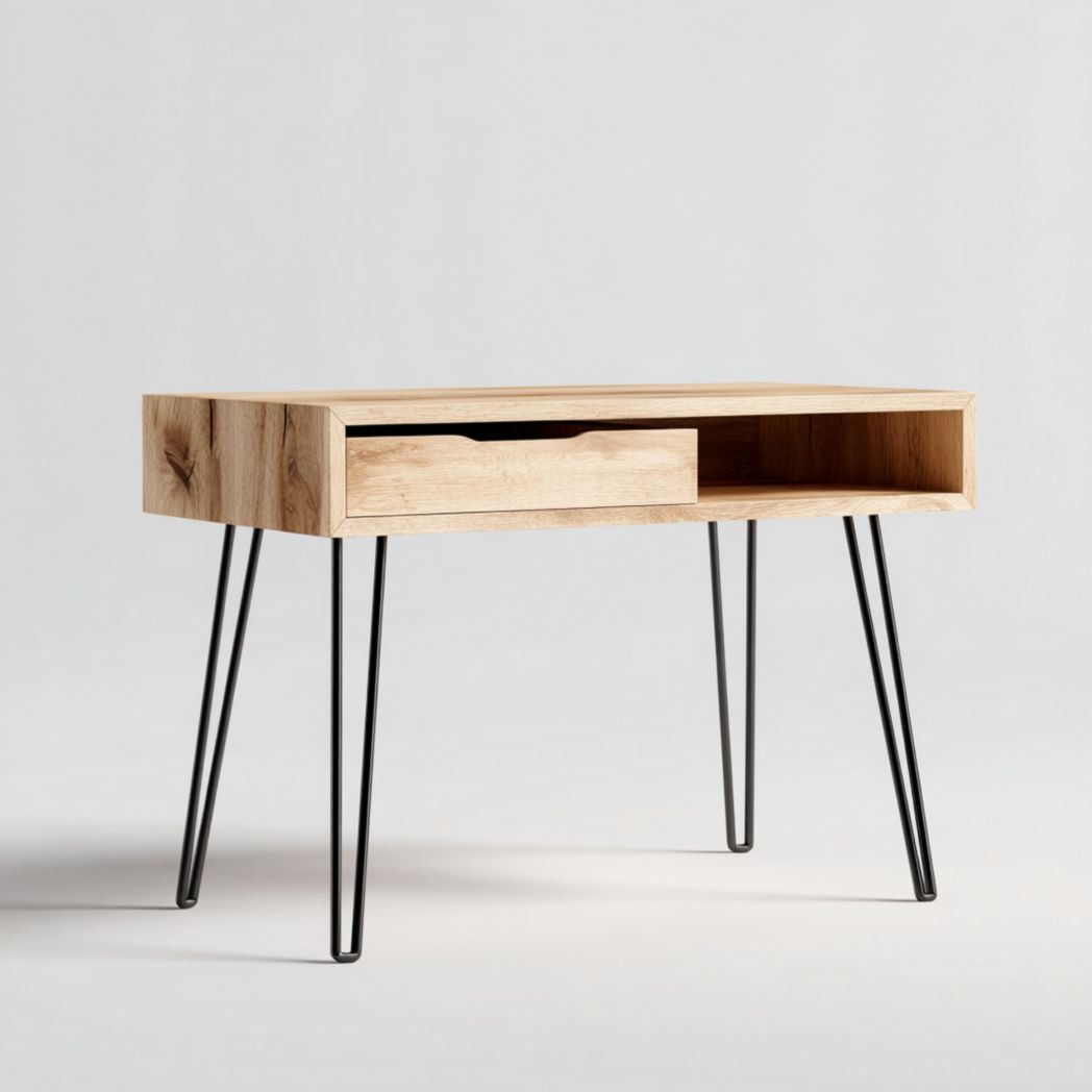 Bureau d'ordinateur en bois de manguier avec un tiroir et pieds en acier noir - Naturel-Interiorxteriorft