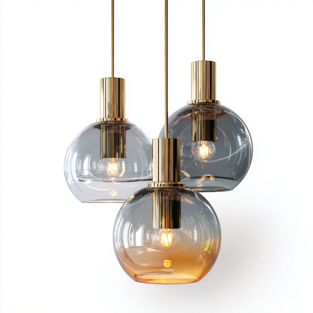 Suspension à trois globes en verre teinté avec structure en acier finition laiton-Interiorxteriorft