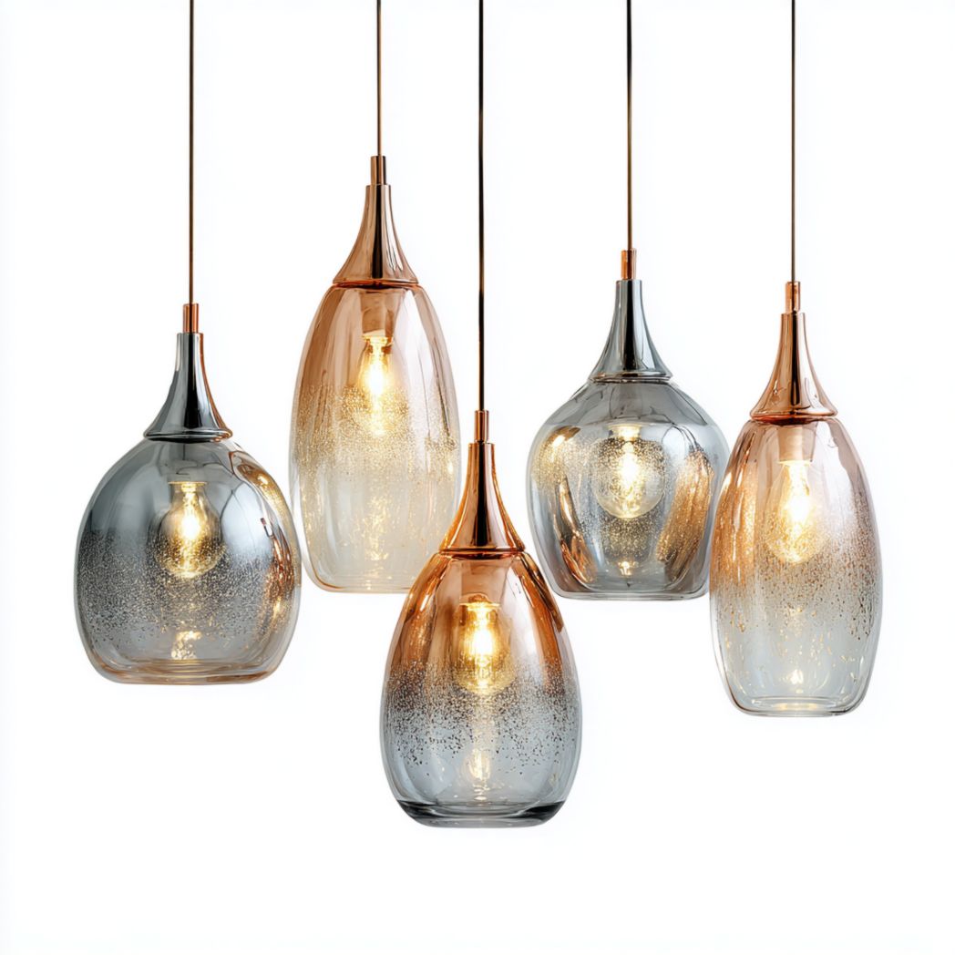 Suspension multiple en verre avec éléments en acier finition cuivrée-Interiorxteriorft