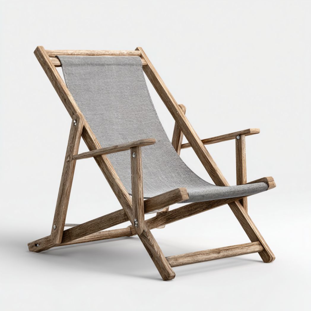 Chaise longue pliante avec structure en bois massif et toile textile grise-Interiorxteriorft