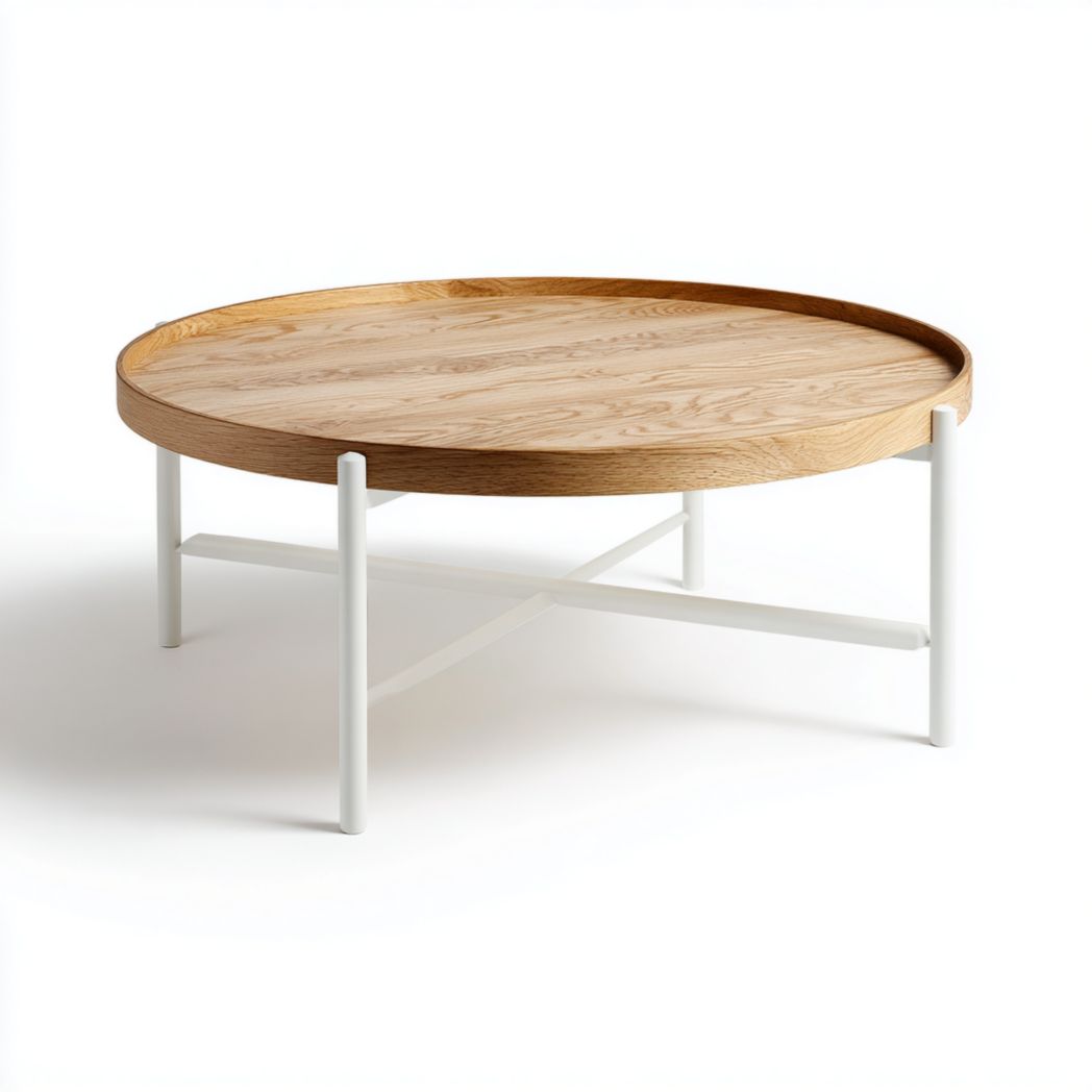 Table de Café Ronde en Chêne et Métal Laqué Blanc-Interiorxteriorft