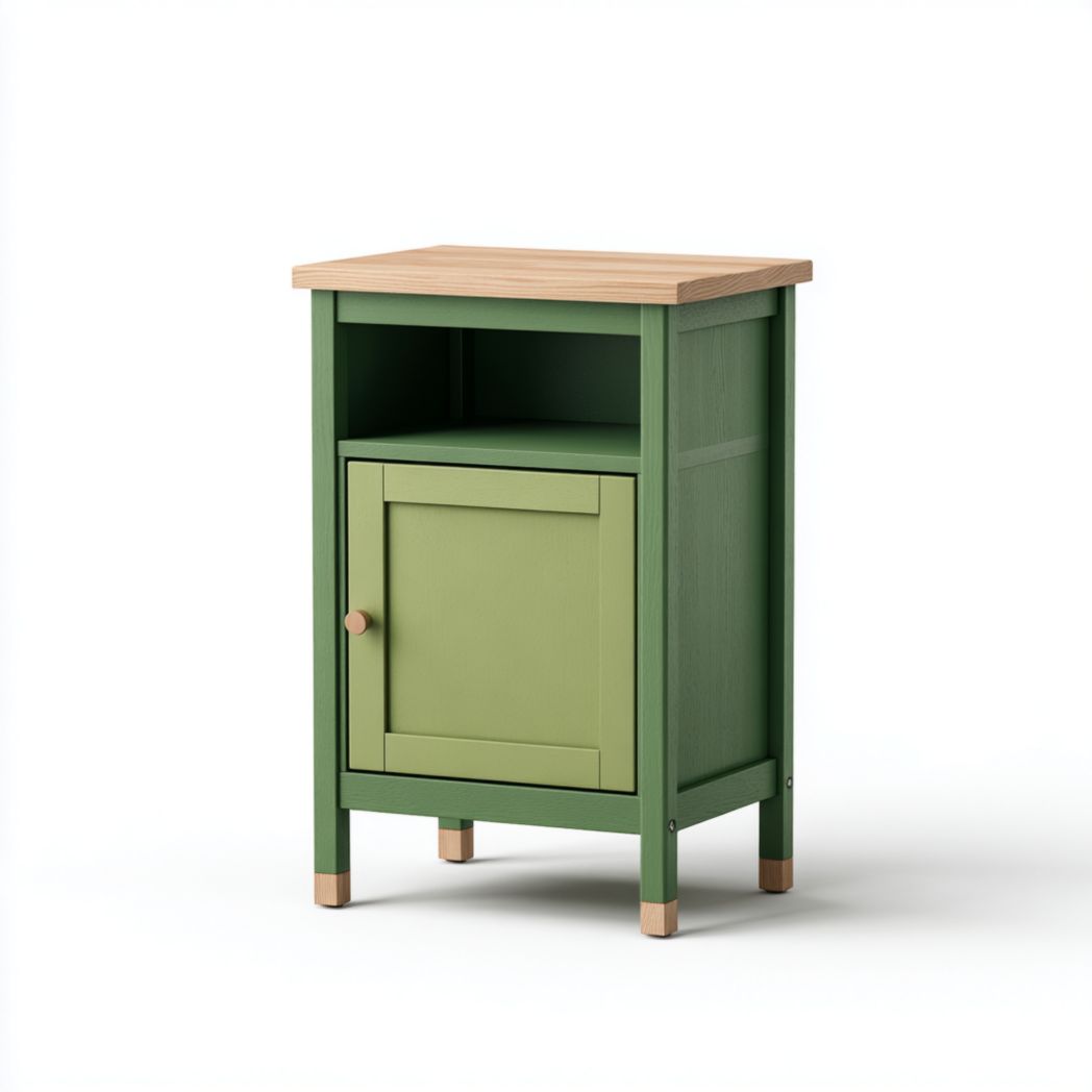 Table de chevet en pin massif avec une porte et une niche ouverte-Yglesiasft