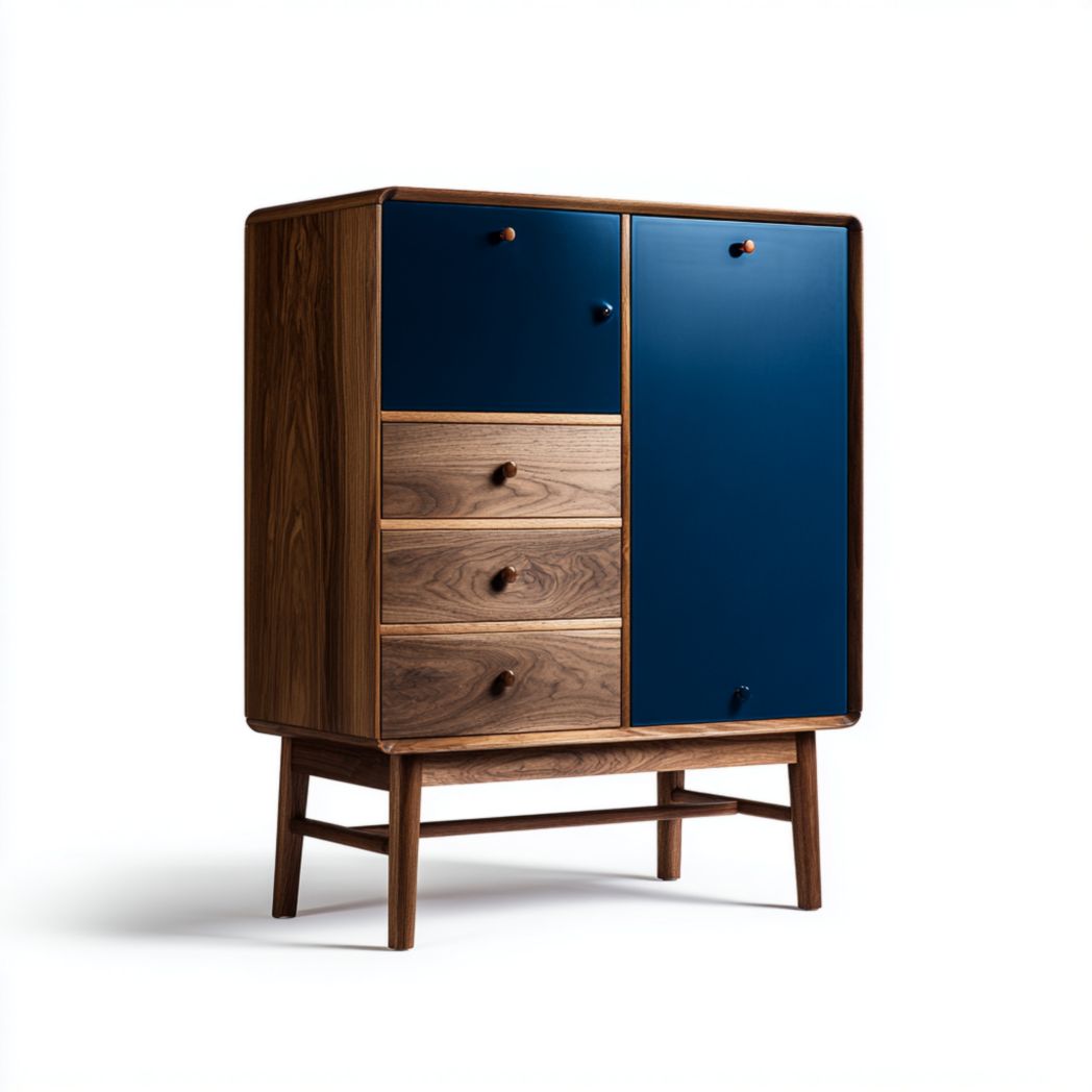 Buffet haut en noyer avec 3 tiroirs et compartiments bleus-Yglesiasft