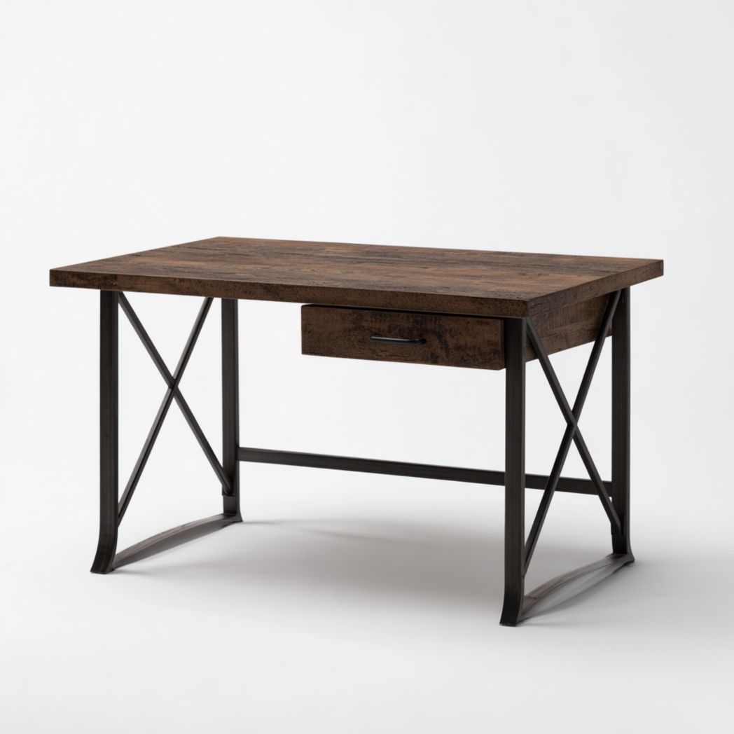 Bureau rectangulaire avec tiroir, plateau en bois massif de pin et structure en acier noir-Yglesiasft