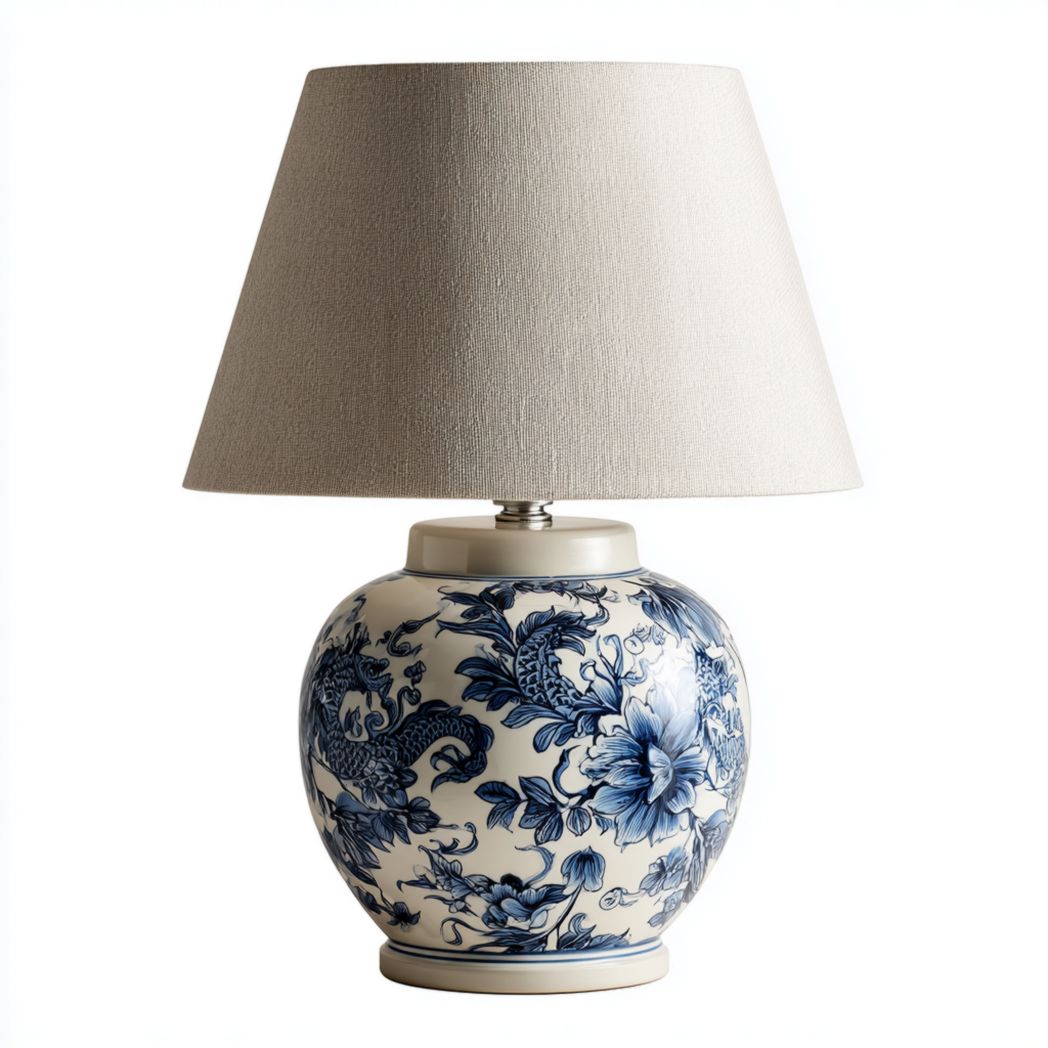 Lampe de table en céramique blanche et bleue avec abat-jour textile-Yglesiasft