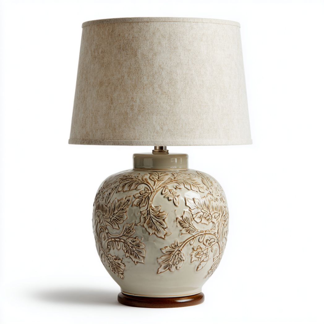Lampe de table en céramique relief floral beige avec abat-jour textile-Yglesiasft