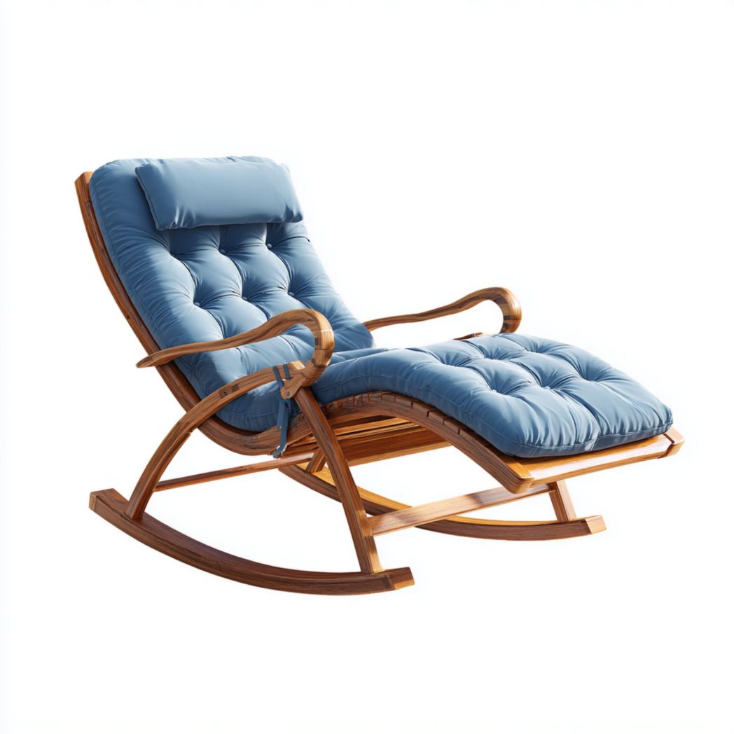 Fauteuil à bascule d’extérieur avec structure en bois et coussins textiles bleus-Yglesiasft