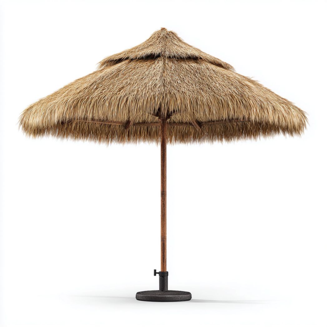 Parasol droit de jardin en feuilles de palmier avec mât en bois et base-Yglesiasft