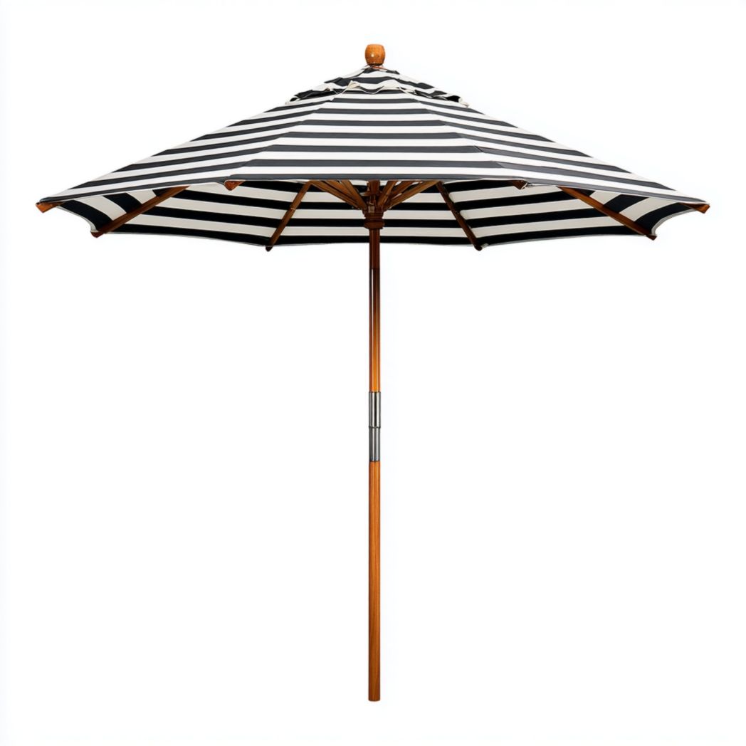 Parasol droit de jardin rayé en tissu polyester avec mât en bois-Yglesiasft