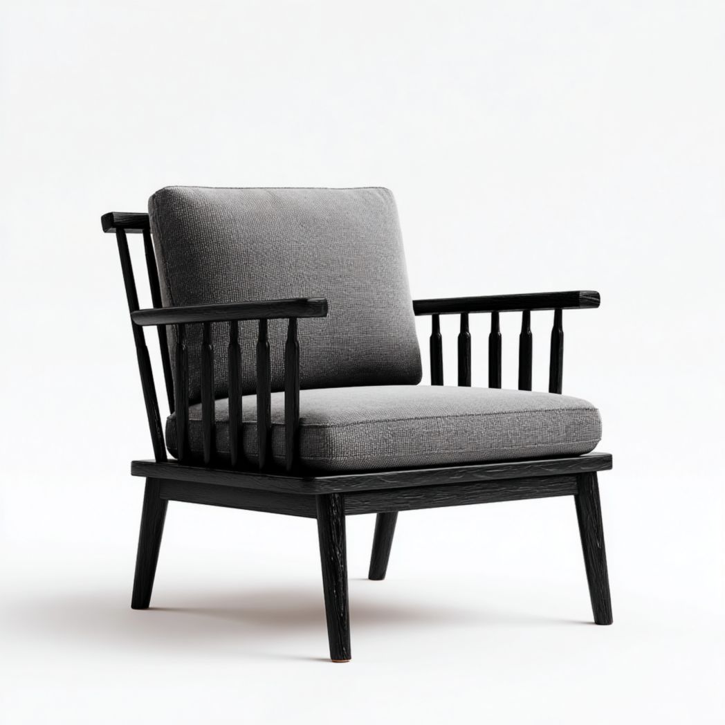 Fauteuil Spindle en Bois Noir avec Coussins Gris-Yglesiasft