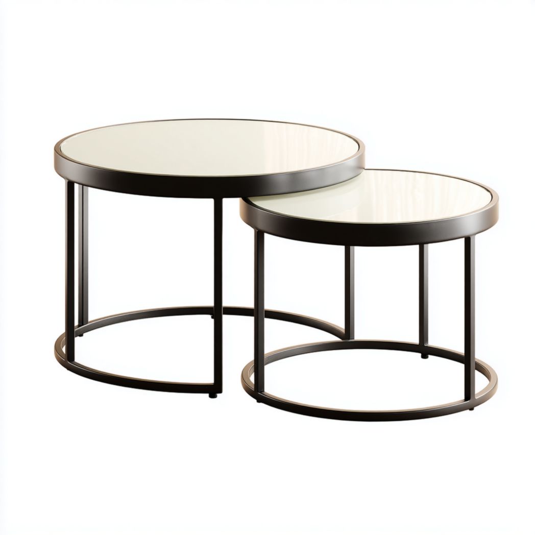 Set de 2 Tables Basses Gigognes Rondes en Pierre Blanche et Acier Noir-Yglesiasft