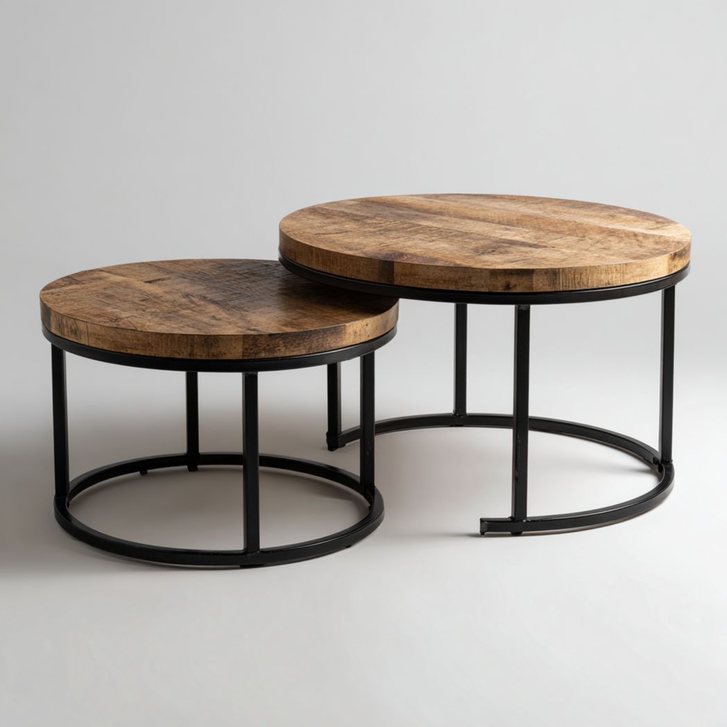 Set de 2 Tables Basses Gigognes Rondes en Bois de Manguier et Acier Noir-Yglesiasft