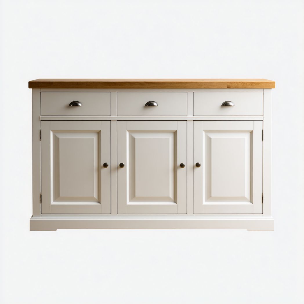Buffet bas en bois massif blanc avec plateau en chêne  - 3 portes et 3 tiroirs-Amgefurniture