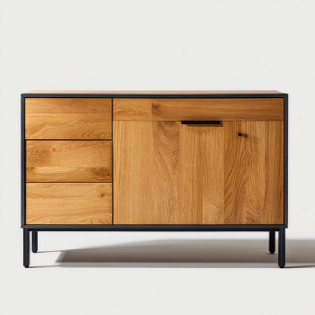 Buffet bas industriel en chêne avec cadre en acier noir - 3 tiroirs et 1 porte-Amgefurniture