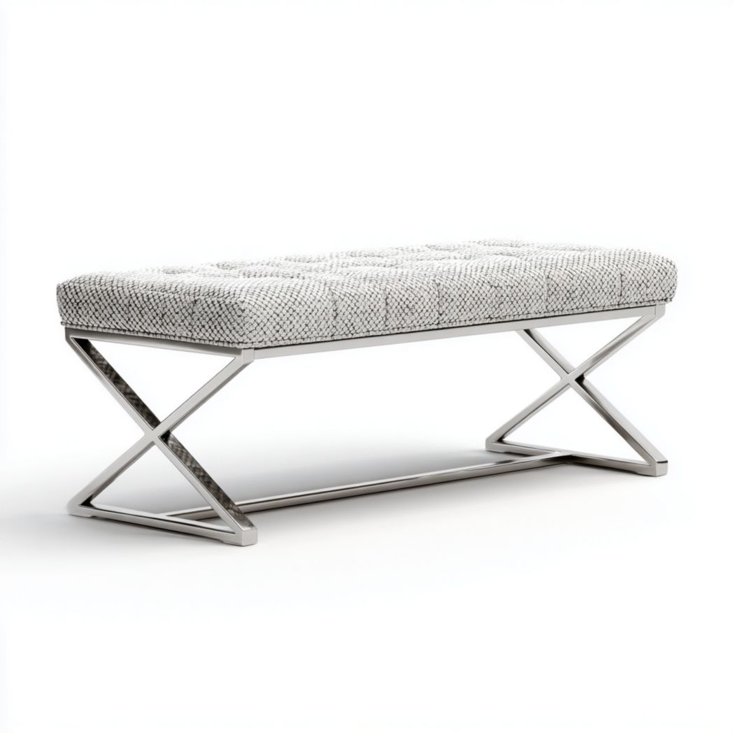 Banc Rembourré en Tissu avec Pieds en Métal Croisés et Finition Capitonnée-Amgefurniture