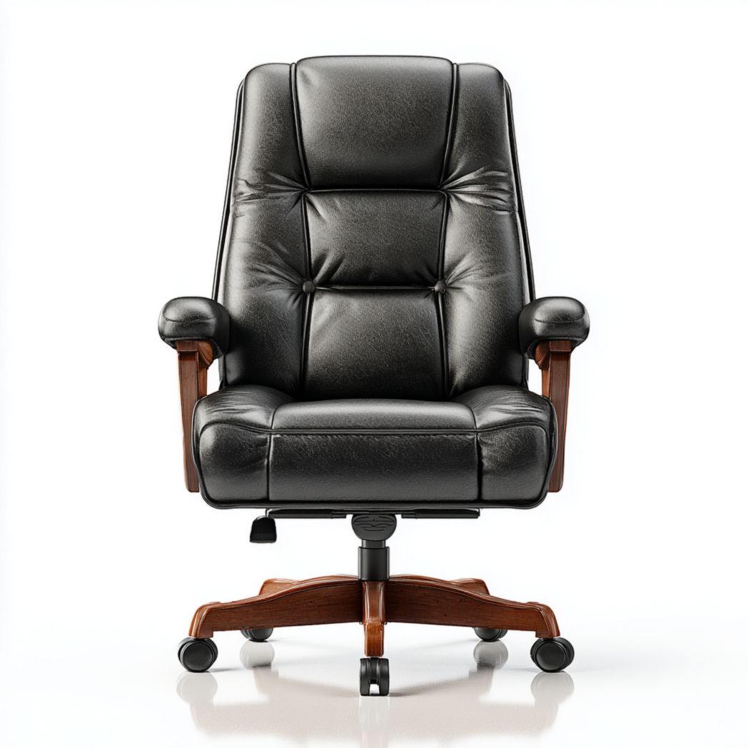 Fauteuil de bureau de direction pivotant en cuir synthétique avec base et accoudoirs en bois - Noir-Amgefurniture