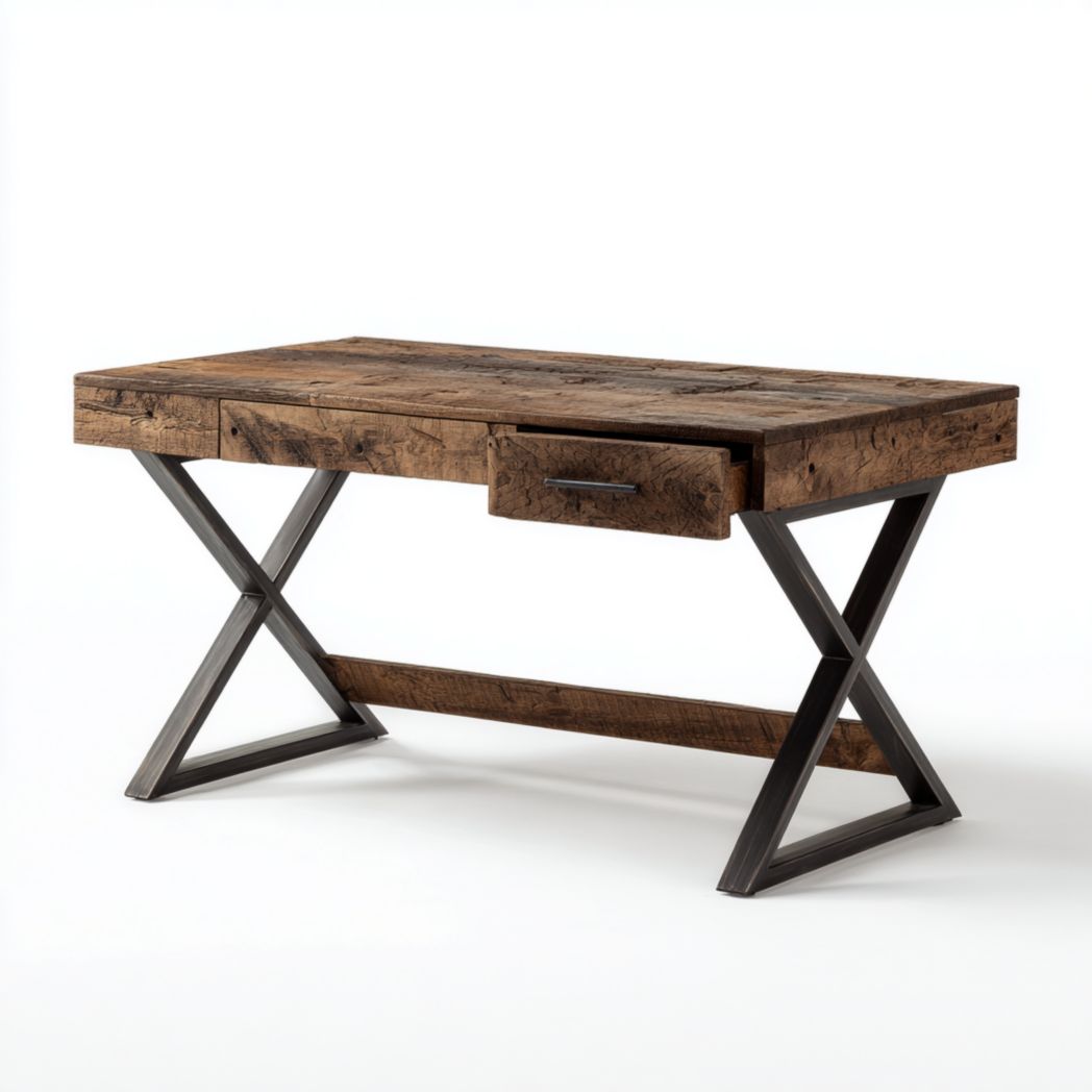 Bureau avec plateau en bois massif recyclé et piètement en acier-Amgefurniture