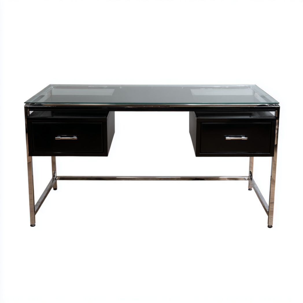 Bureau avec plateau en verre trempé et structure en acier, 2 tiroirs-Amgefurniture