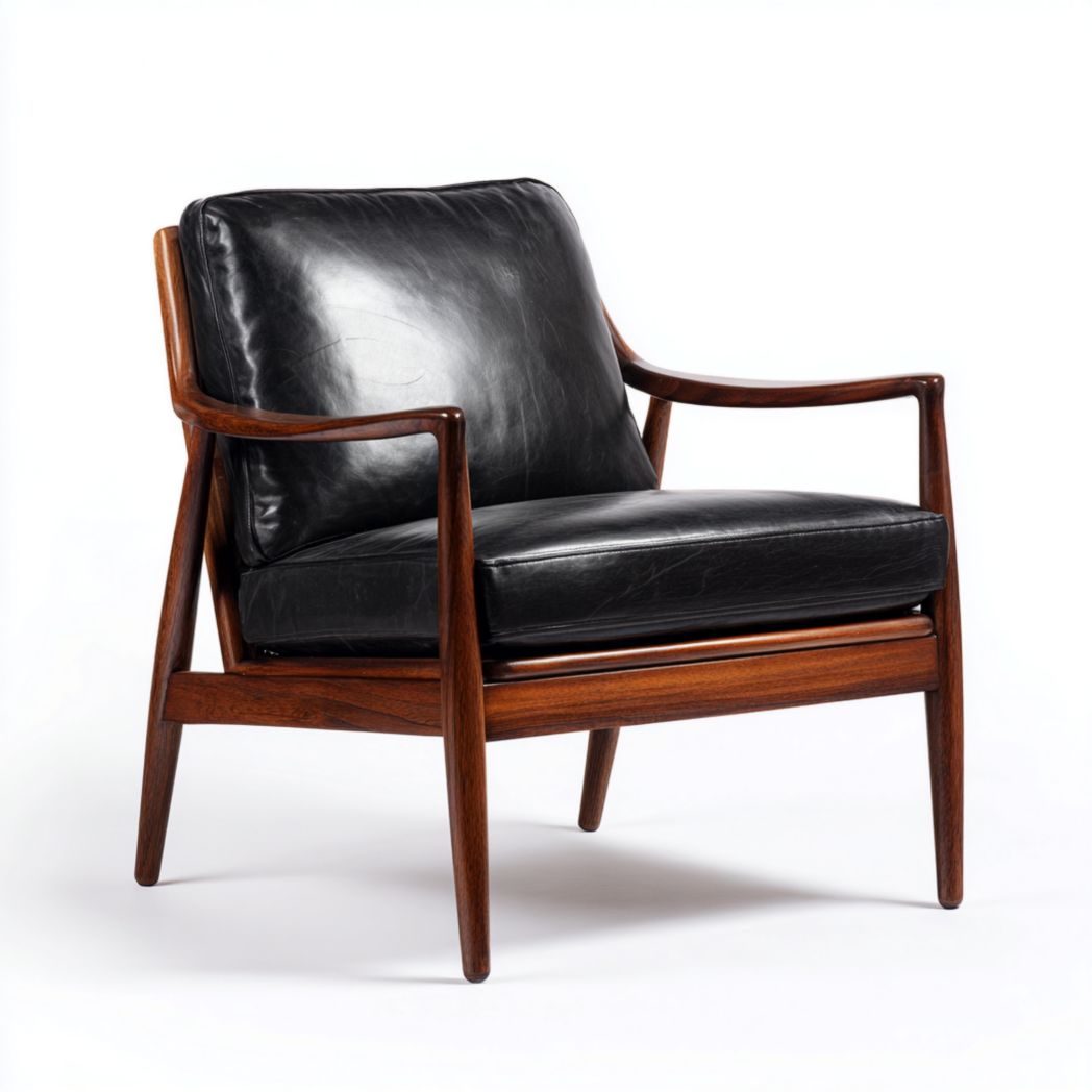 Fauteuil en Cuir Noir avec Structure en Bois de Noyer-Amgefurniture