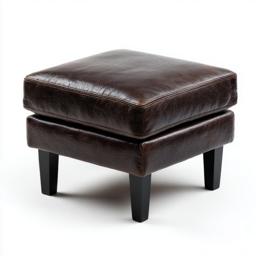 Pouf Carré en Cuir avec Pieds en Bois de Pin Noir-Amgefurniture